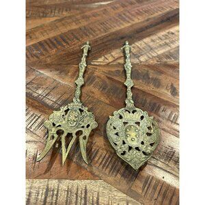 MONTAGNANI ITALY Ornate Brass Serving Spoon and Fork Set VINTAGE ANTIQUE Mummy